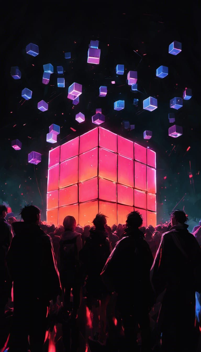 Cyberpunk Girl Surrounded by Floating Cubes