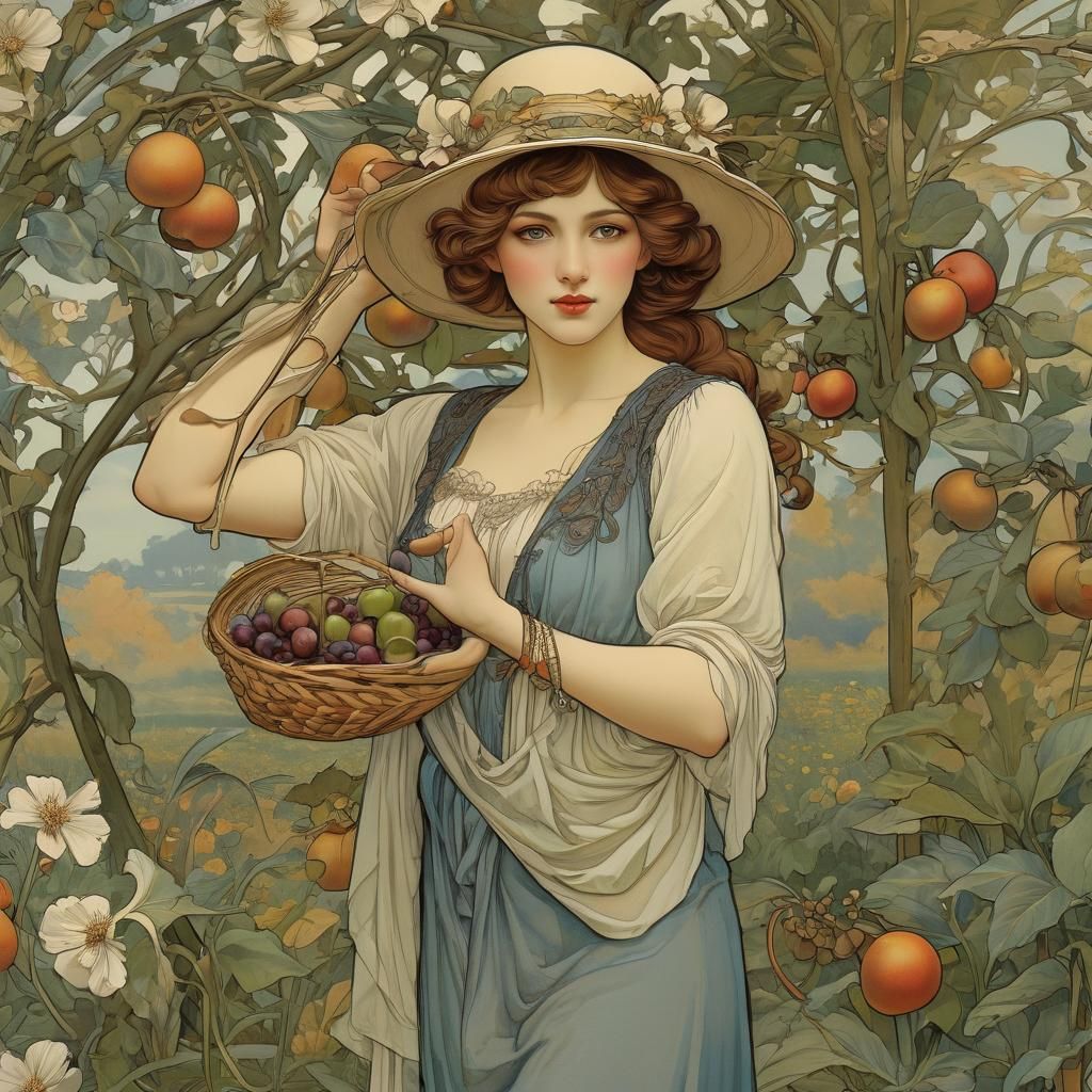 in art nouveau style a beautiful woman picking fruit in the field.