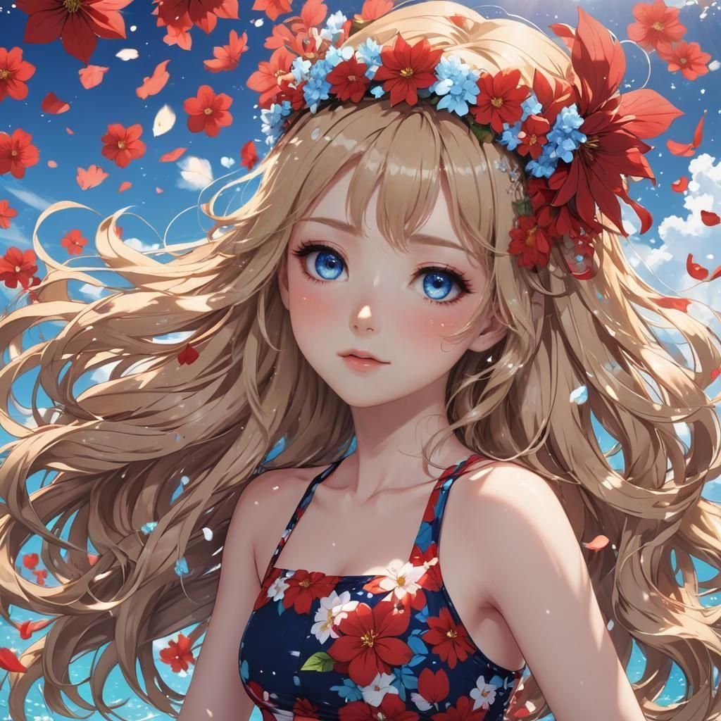 Anime Girl in Swimsuit with Flower Crown