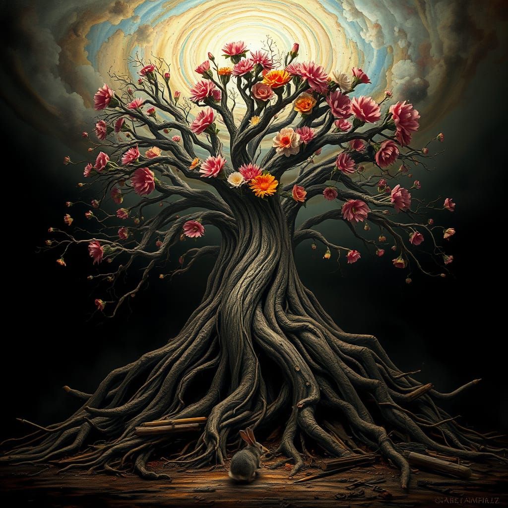 Surreal Ancient Tree with Pencil Roots and Flower Blossoms