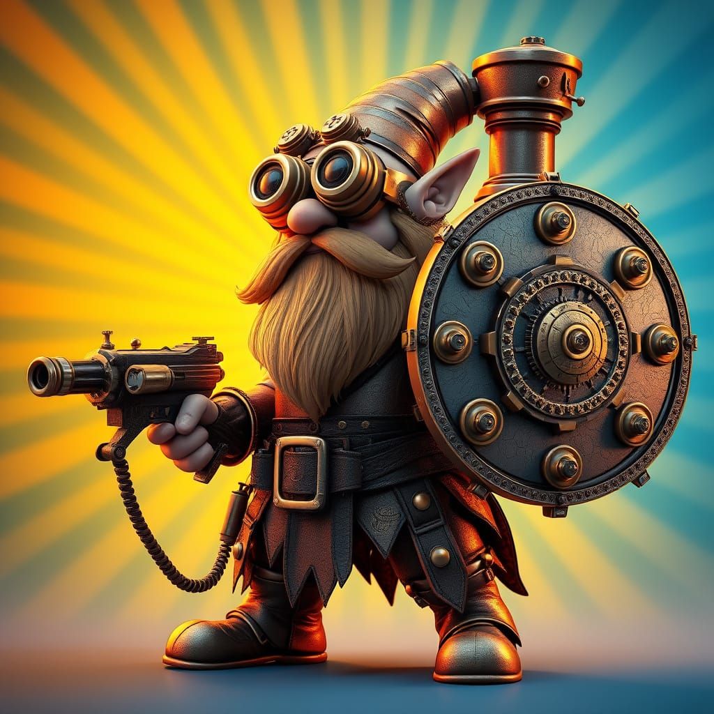 Steampunk Dwarf Wields Gatling Gun Amidst Industrial Mystici...