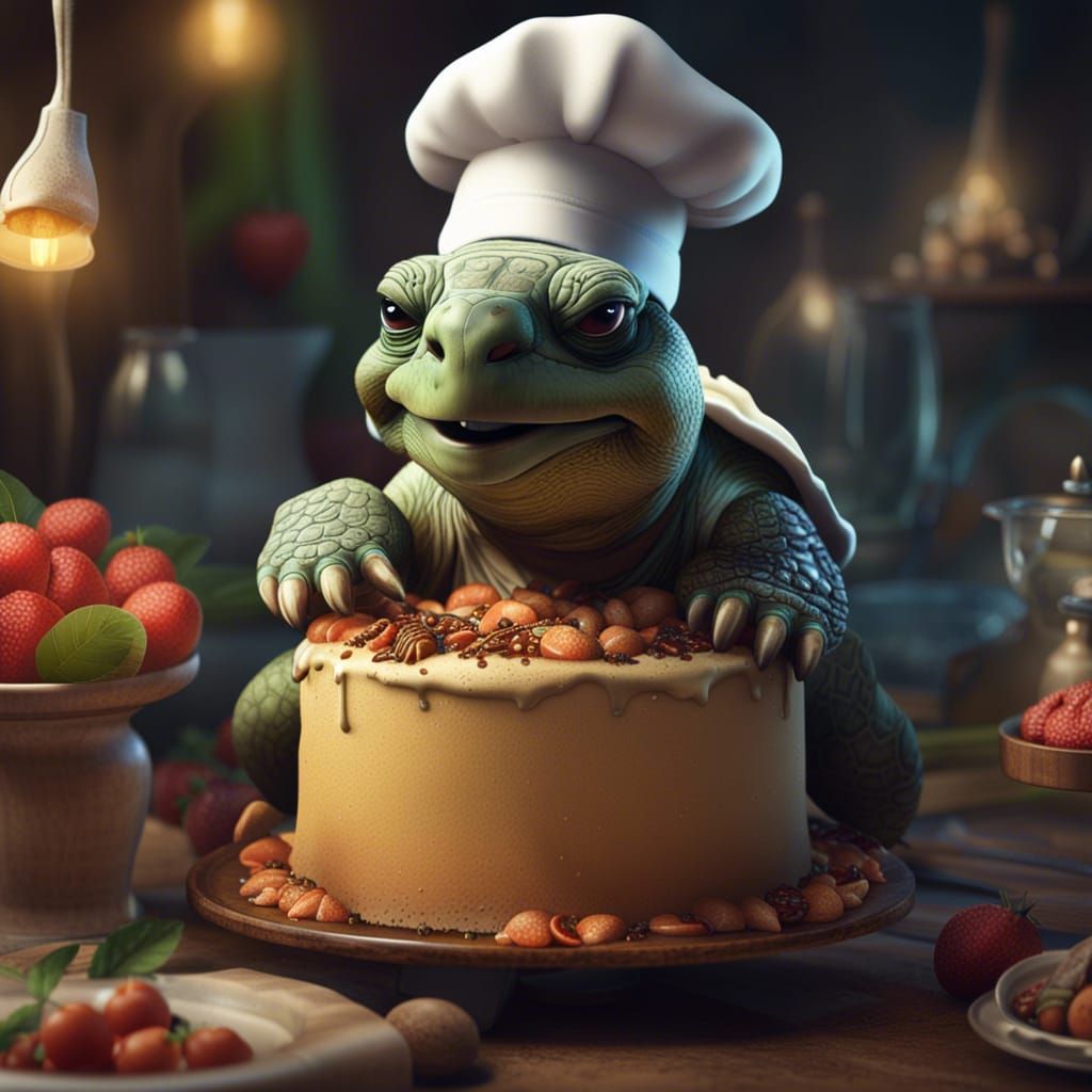Tortoise Chef Baking a Cake: Detailed Matte Painting