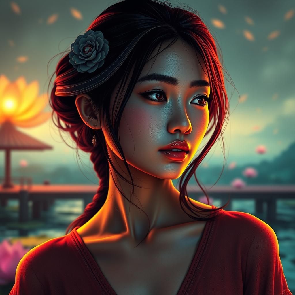 Serene Woman at Lotus Pier in Hyper-Realism