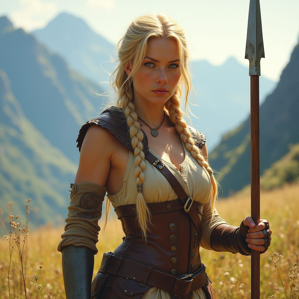 Scandinavian Viking Warrior in Majestic Mountain Landscape