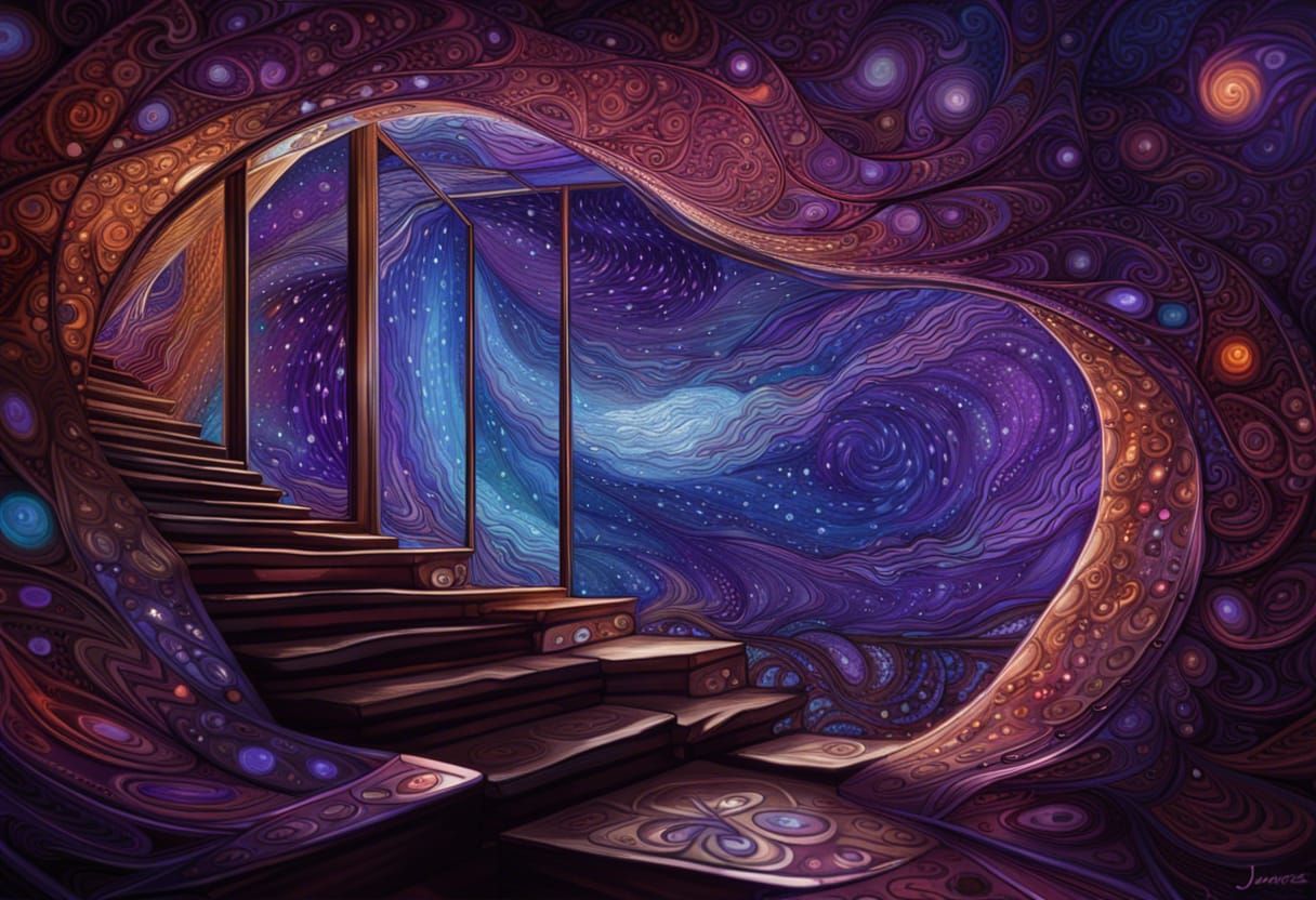 Starry Sky from Glass Castle Interior, as Oil Painting