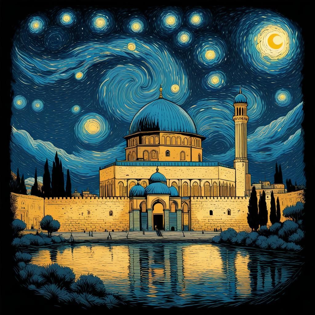 Al Aqsa Starry Night in Comic Book Style