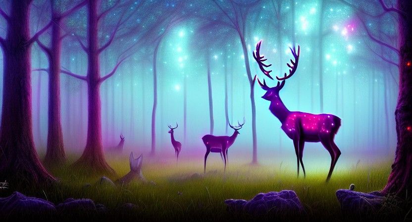 Ethereal Deer in Bioluminescent Forest: Digital Illustration