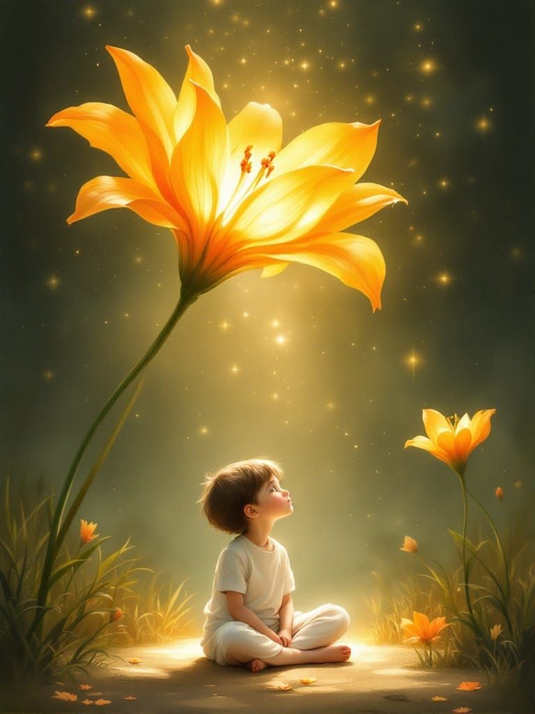 Serene Child Surrounded by Celestial Orange Lily in Whimsica...