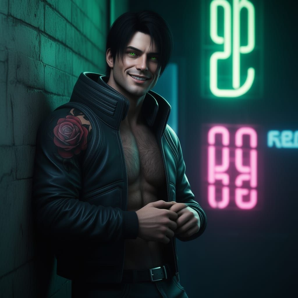 Shirtless Man with Rose Tattoo in Neon Cyberpunk Glow