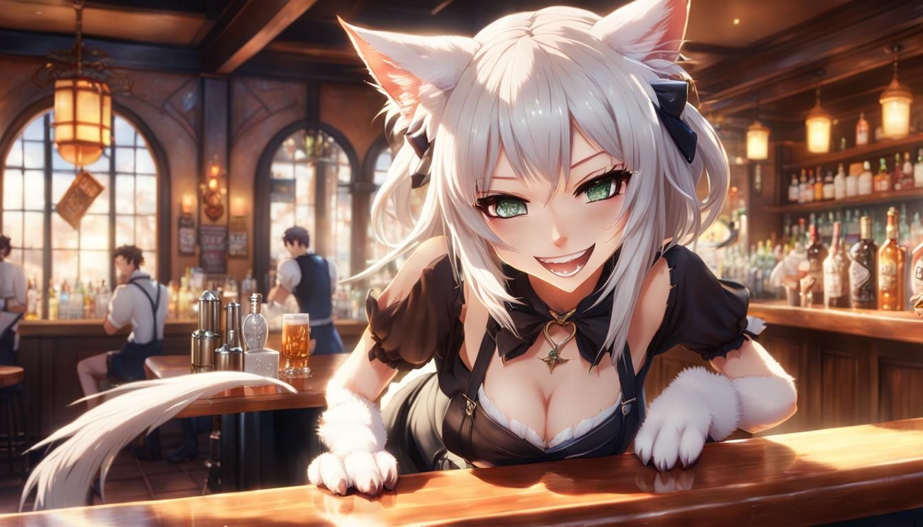 Catgirl Bartender in Fantasy Tavern, Anime Style