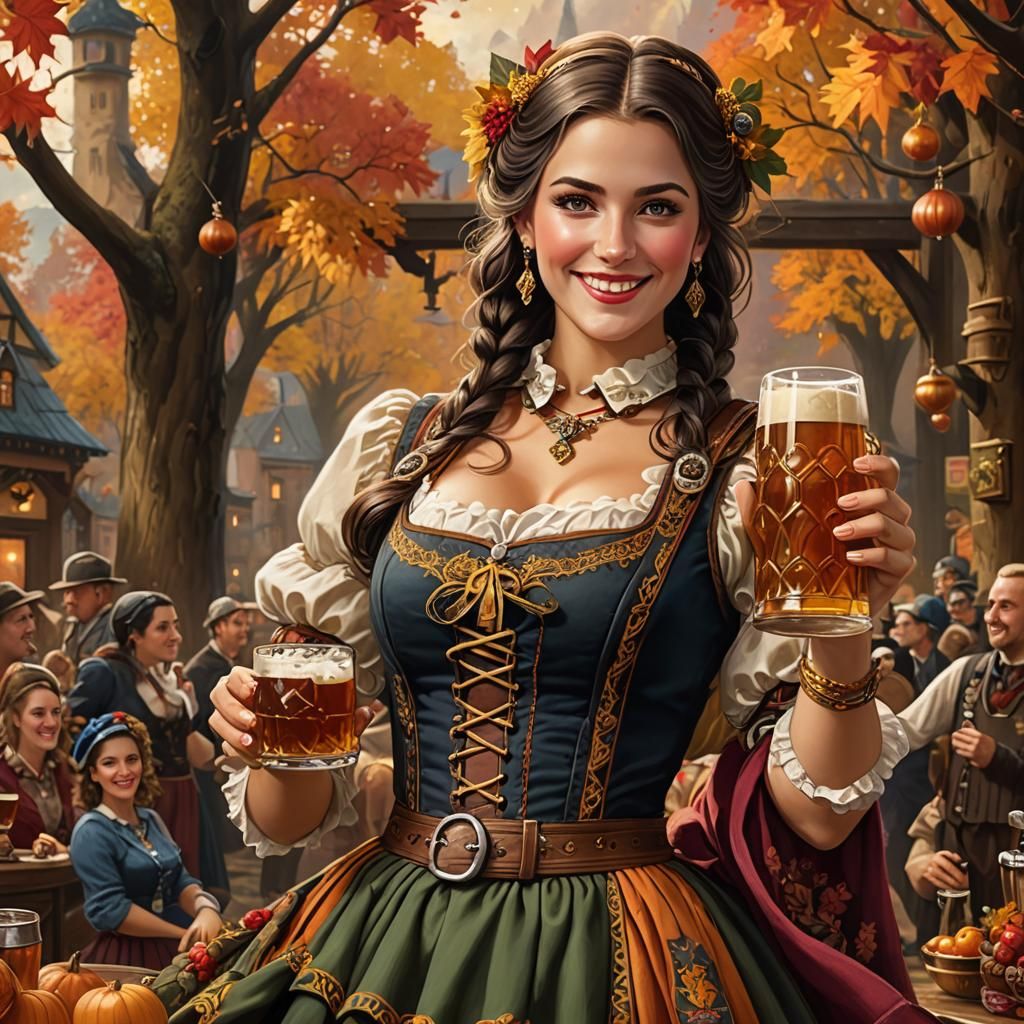 Oktoberfest Woman in Traditional Outfit with Beer