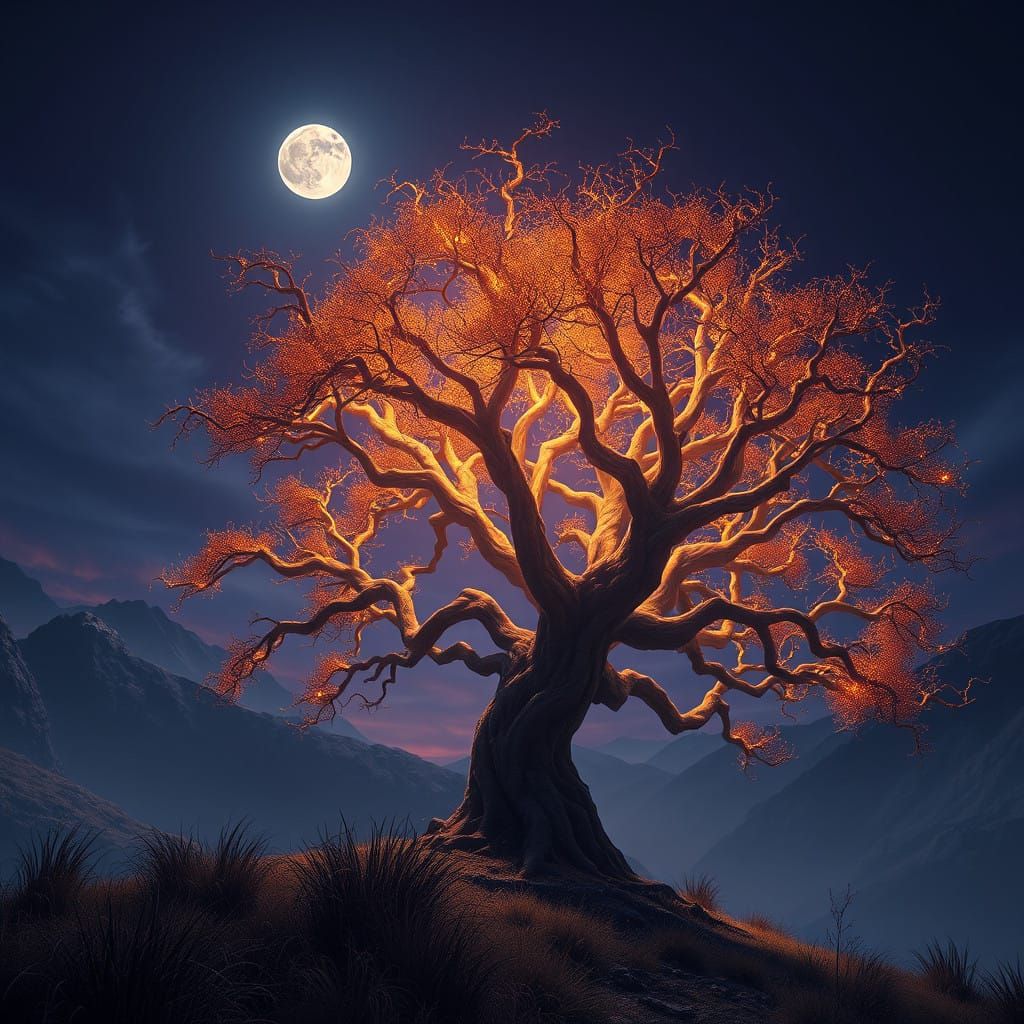 Moonlit Dreamworld with Majestic, Glowing Tree