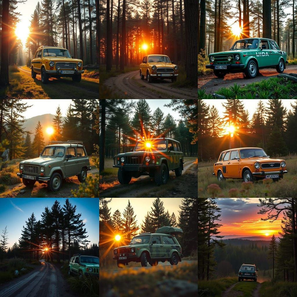 Lada Niva in Camouflage Finish, Set Against a Forest of Pine...