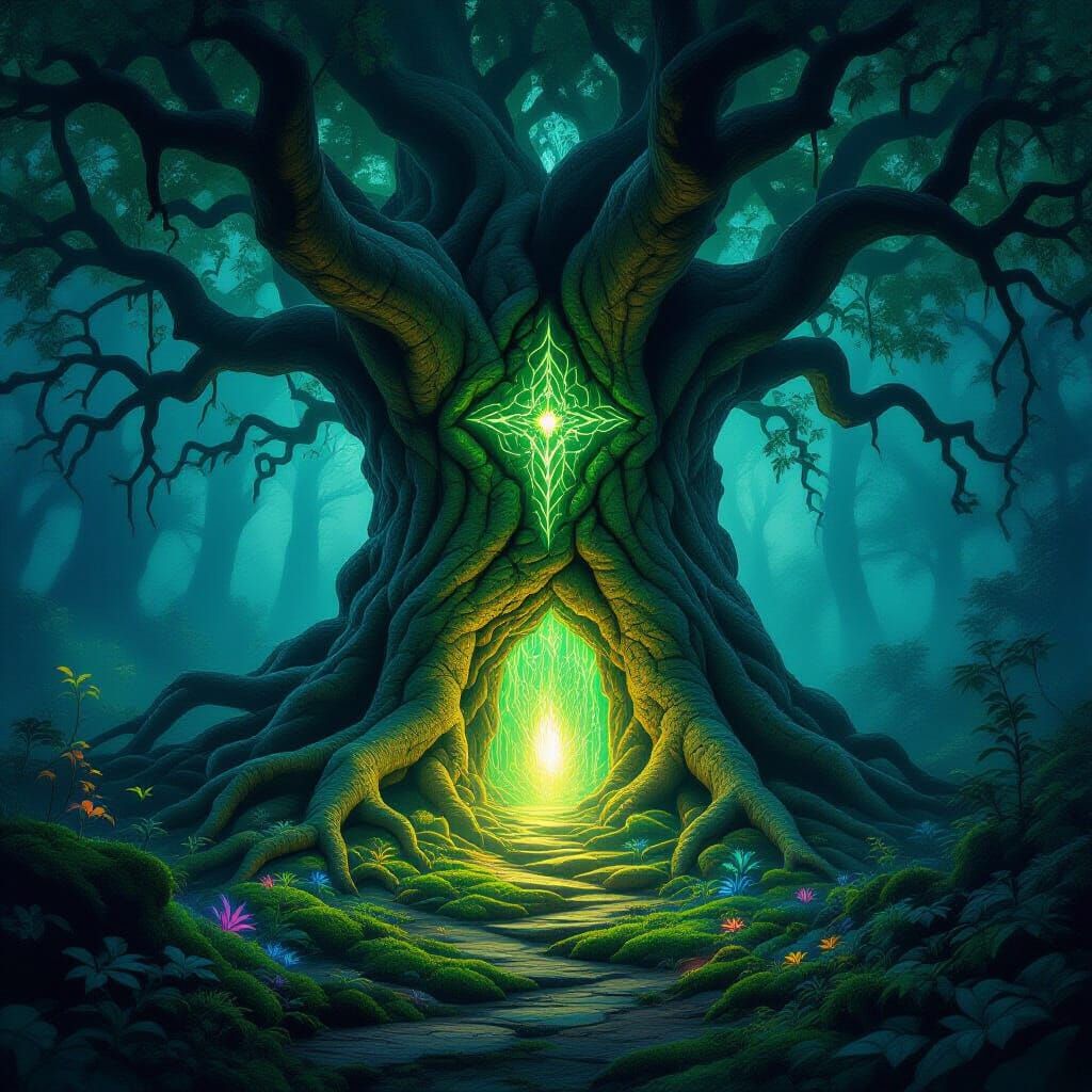 Ancient Tree with Labyrinth Roots & Hidden Portal