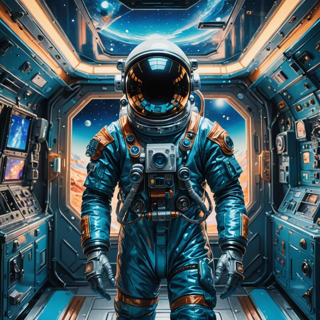 Astronaut Floats in Spaceship: Surrealist Oil Painting