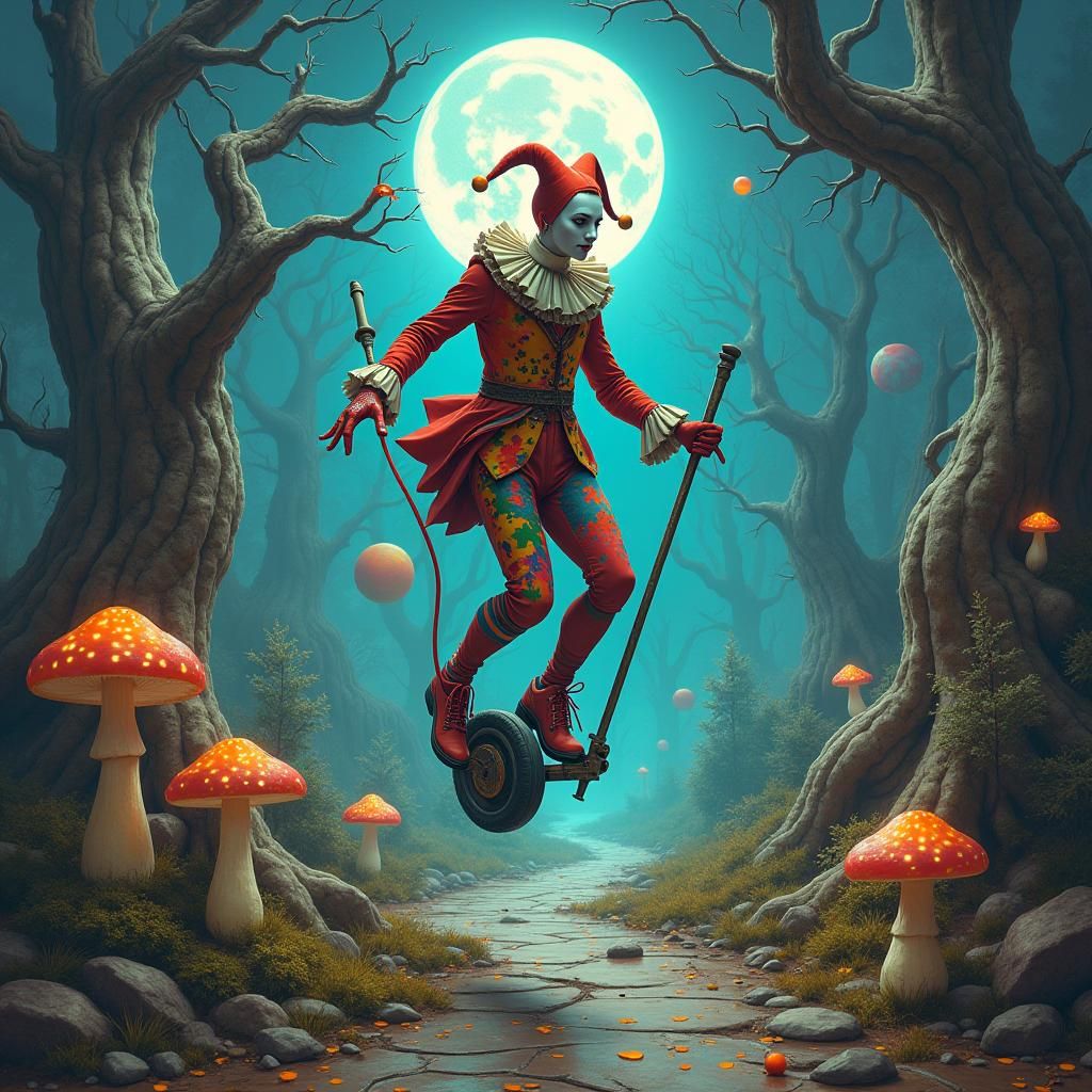 Harlequin on Futuristic Pogo Stick in Ethereal Landscape
