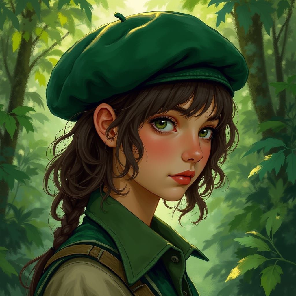 Young Woman in Traditional Green Beret, Surrounded by Lush F...