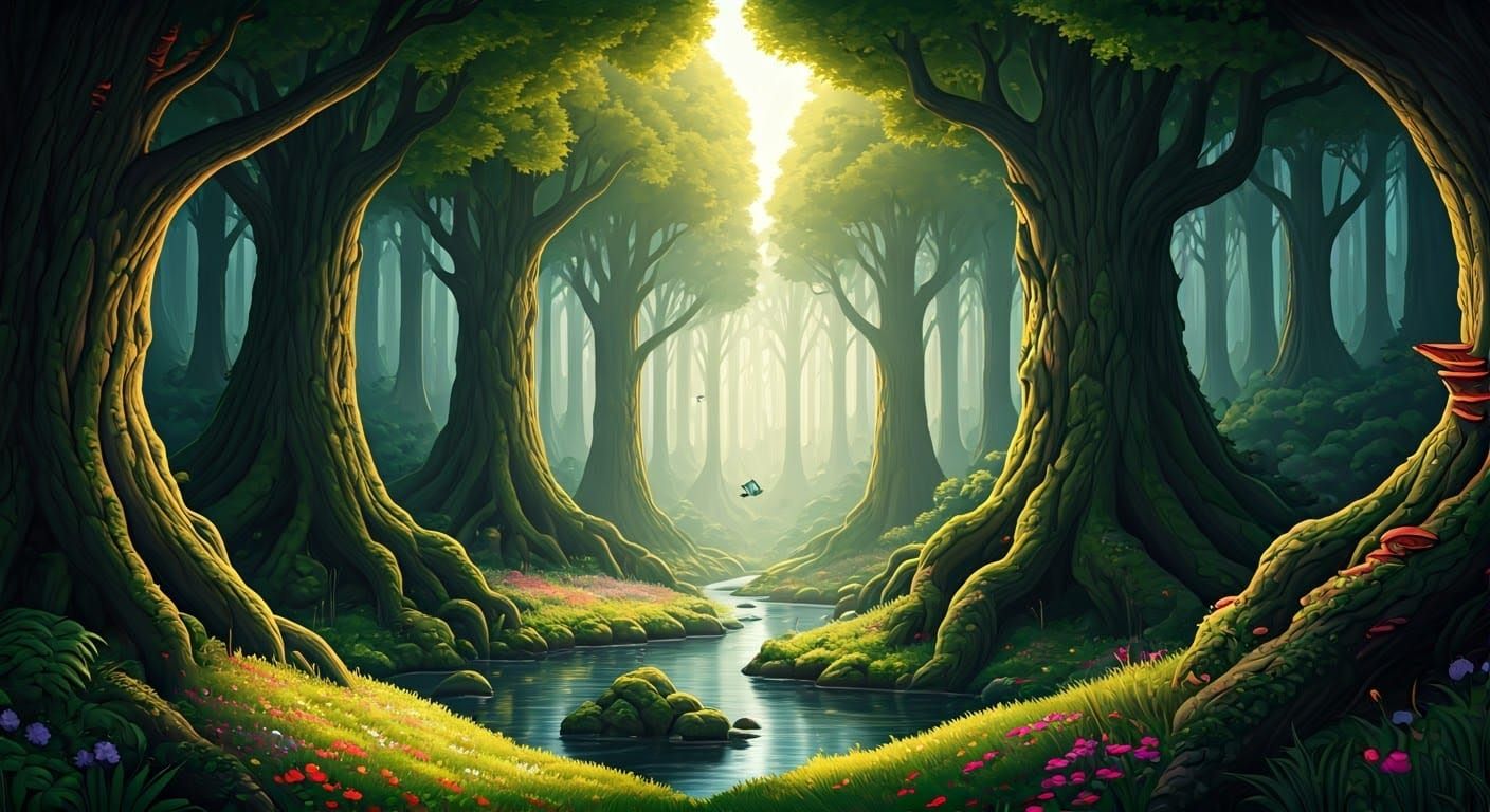 Mystical Ancient Forest Scene in Vibrant Colors