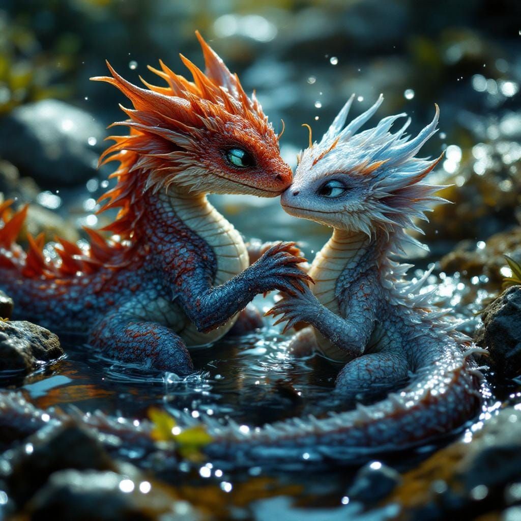 Elemental Baby Dragons Play in Cinematic Still