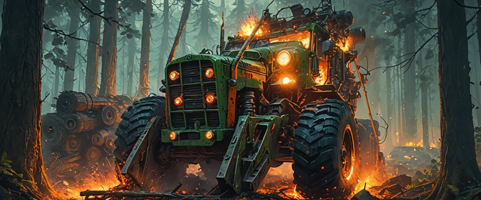 Forest Machine Pushing Burning Debris in Misty Forest