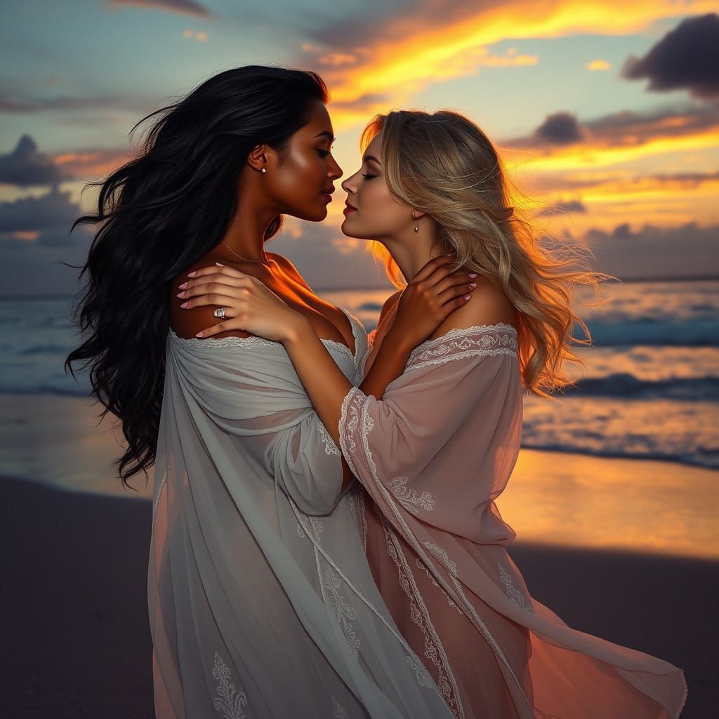 Serene Beach Sunset: Two Women Embracing in Dreamlike Fantas...