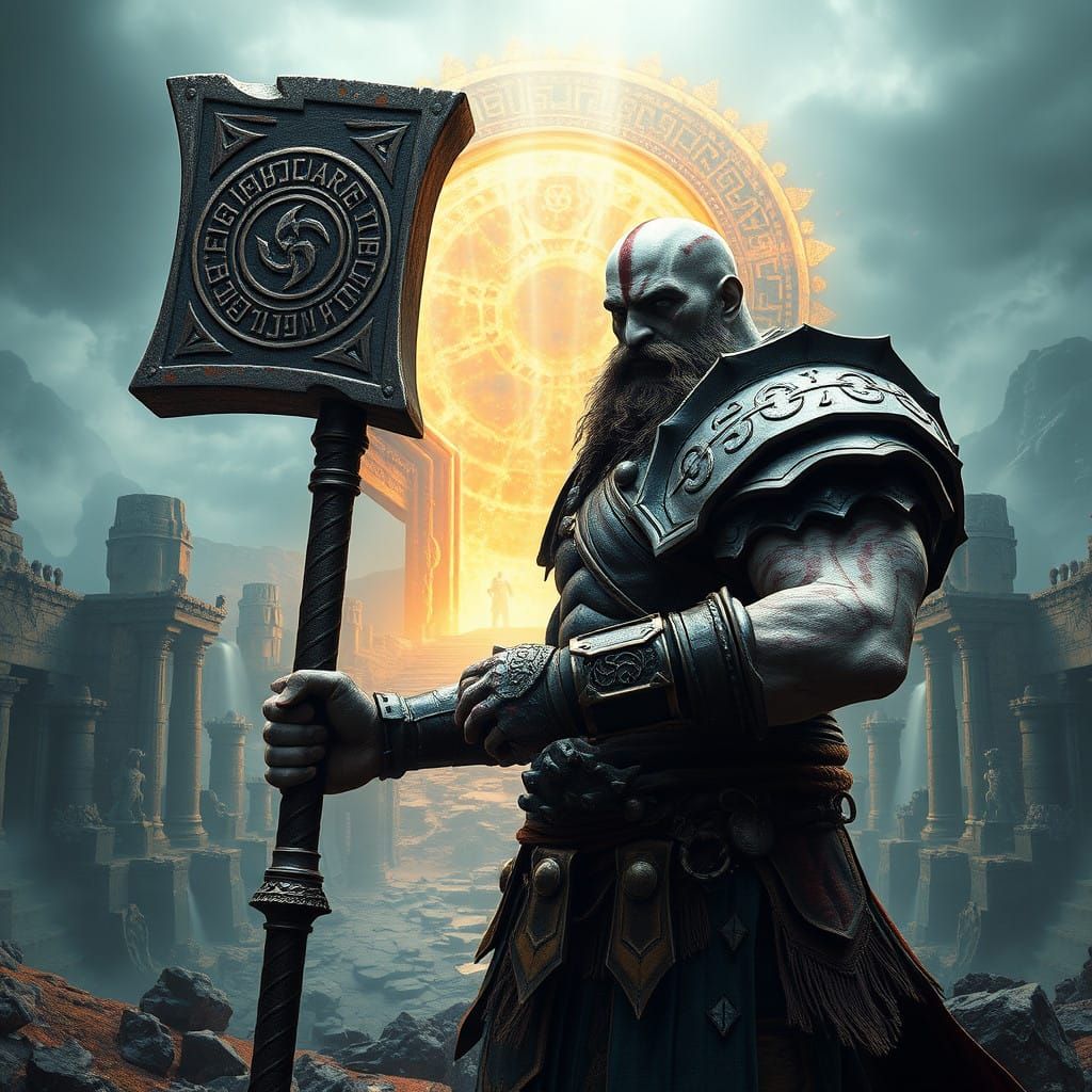 Grim Norse Warrior Kratos Wields Colossal War Hammer in Myst...