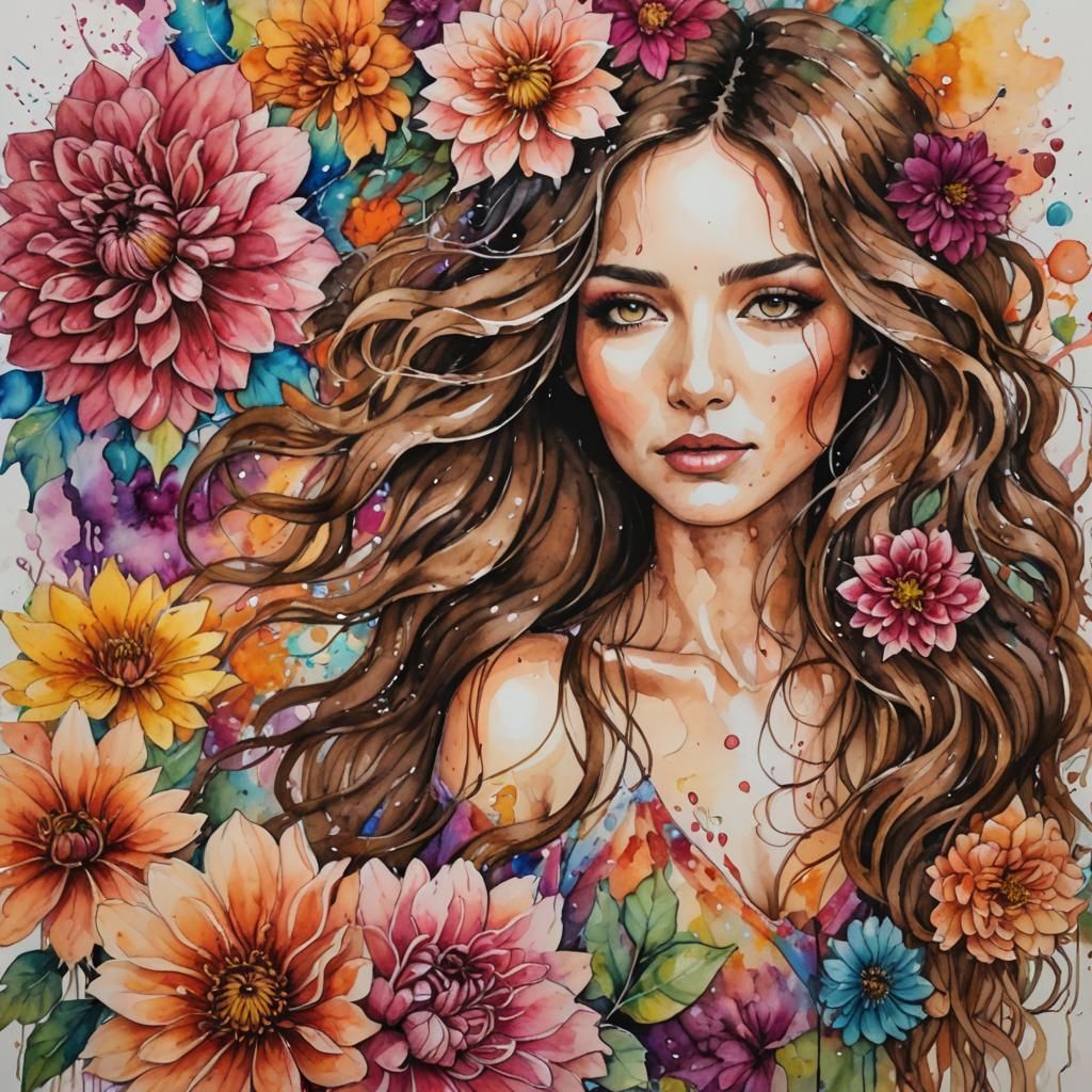 Beautiful Woman with Dahlias in Watercolor and Ink