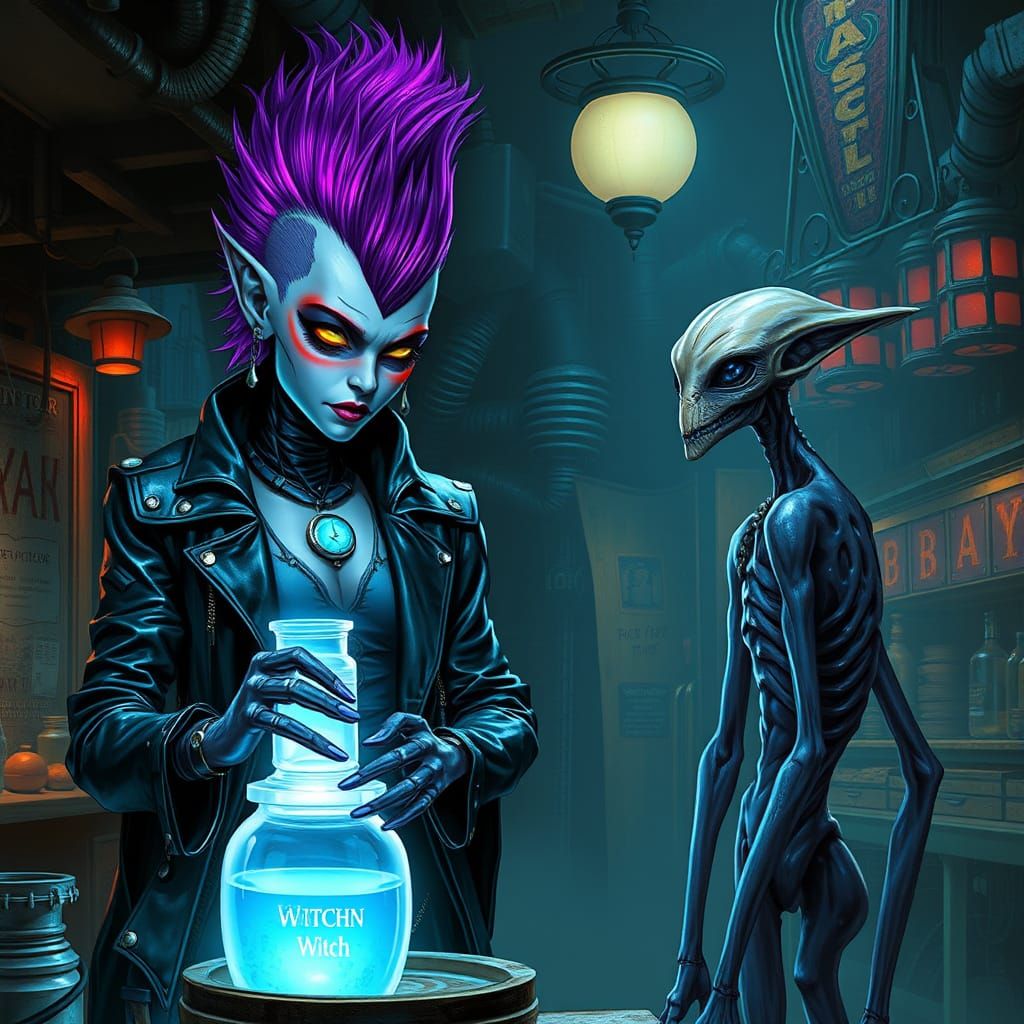 Cyborg Witch Selling Potion in Cyberpunk Style