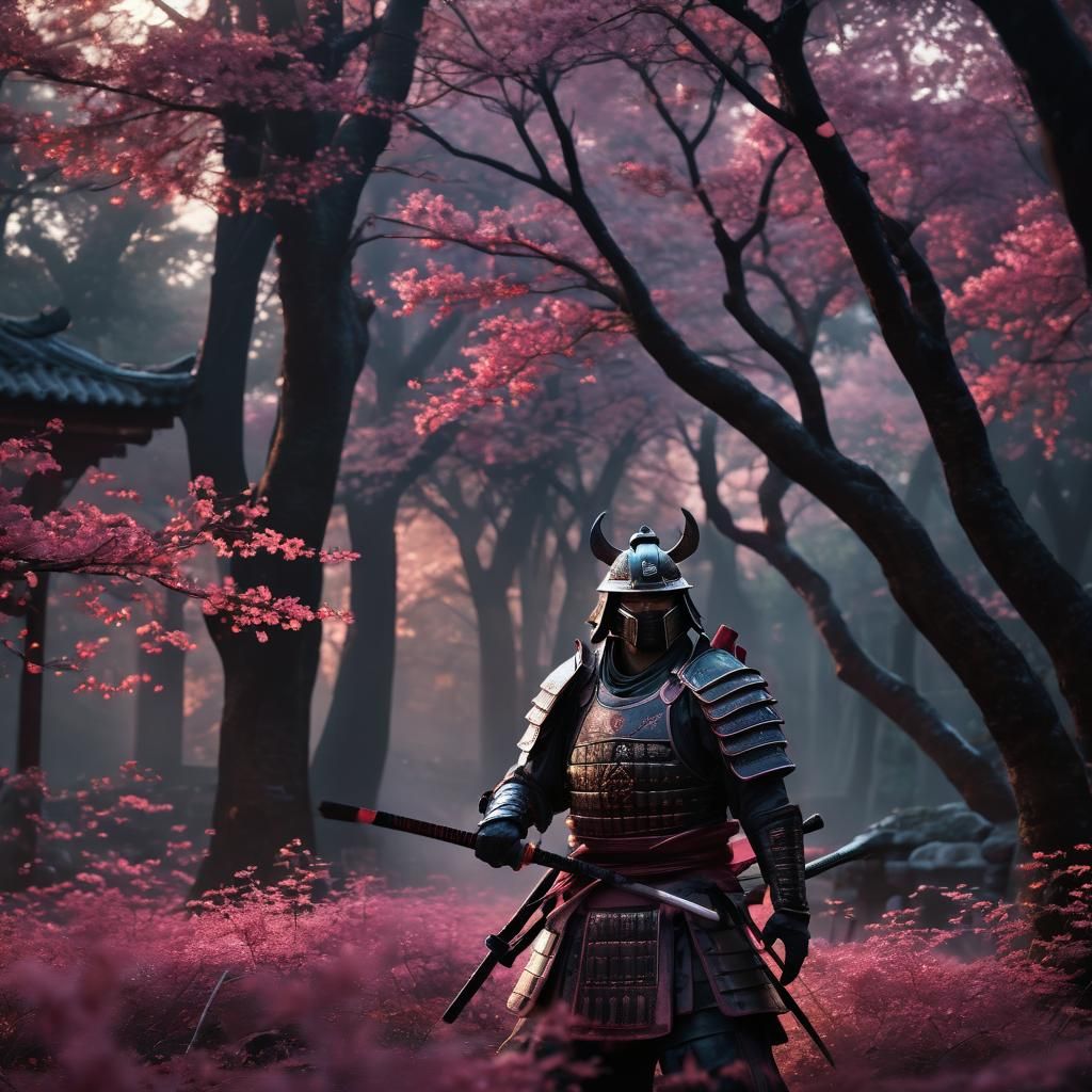 Samurai Warrior with Bloody Sword at Sunset