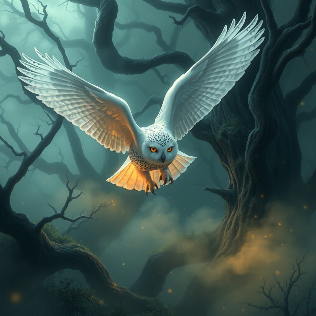 Majestic Snow Owl Soars Through Eerie Forest Night