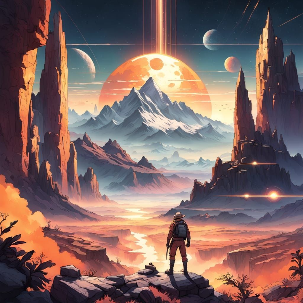 Brave Explorer Stands on Distant Moon with Twin Suns