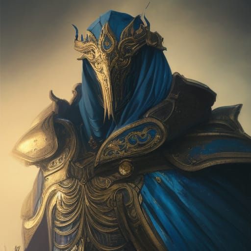 Dark Fantasy Warrior in Blue and Gold Armor