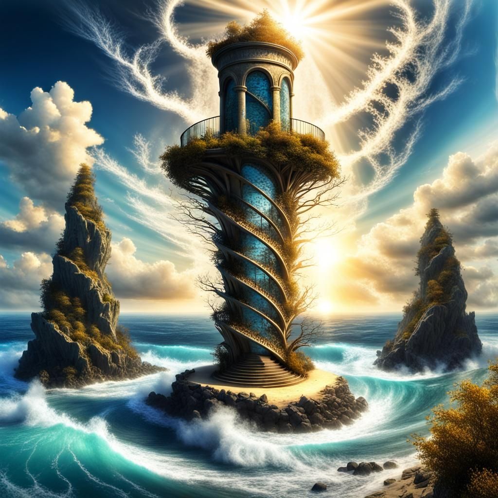 Dendritic Spiral Tower on Island in Dark Fantasy Style