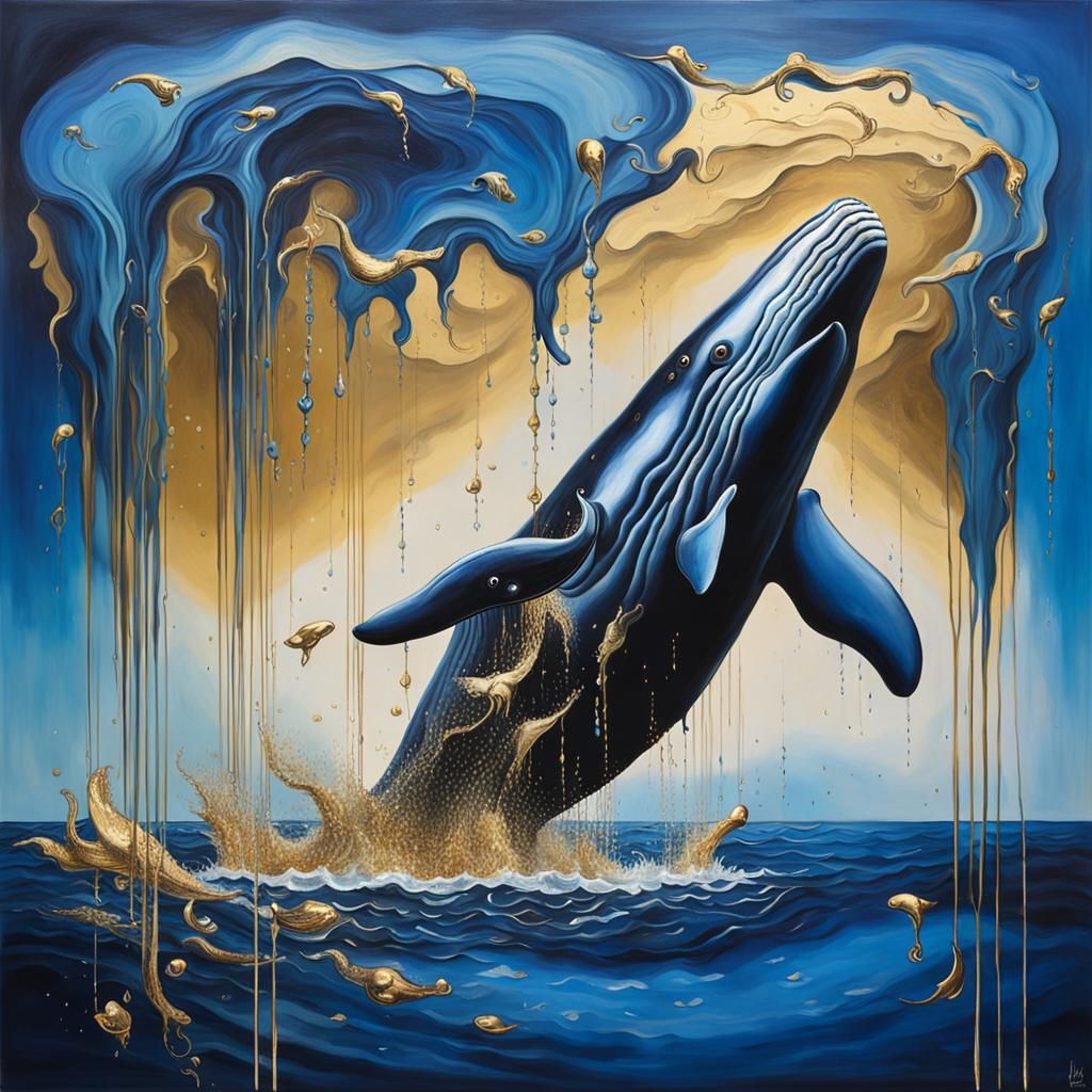 Whale Breaching Sapphire Sea in Surreal Style