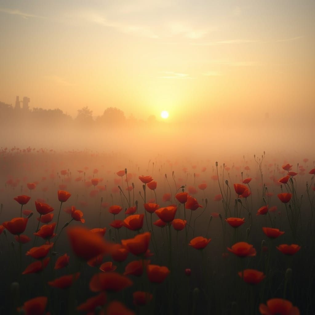 Poppy Field in Morning Mist: Sci-Fi Landscape