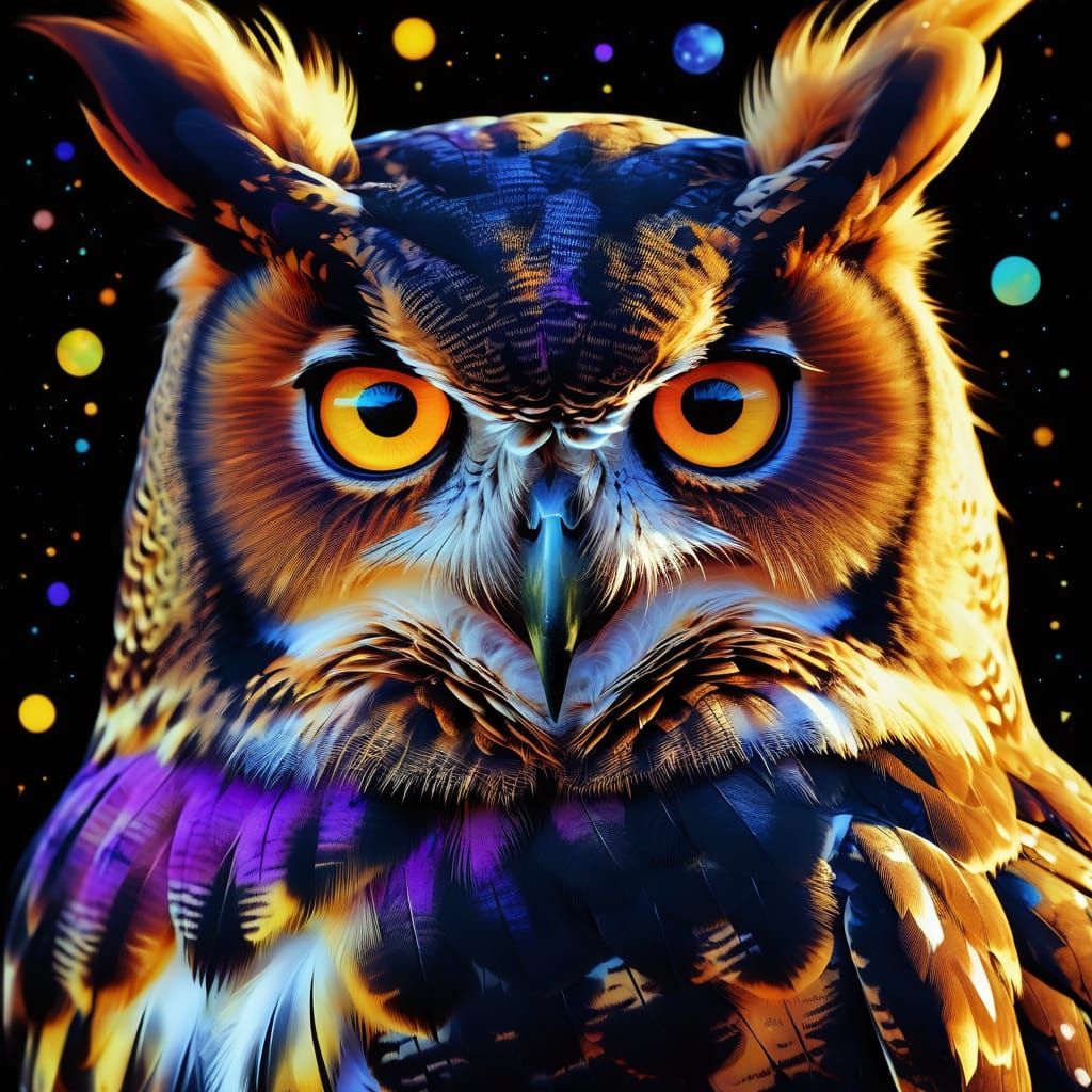 Surreal Double Exposure of Yellow Owl Eyes in Cosmic Sky