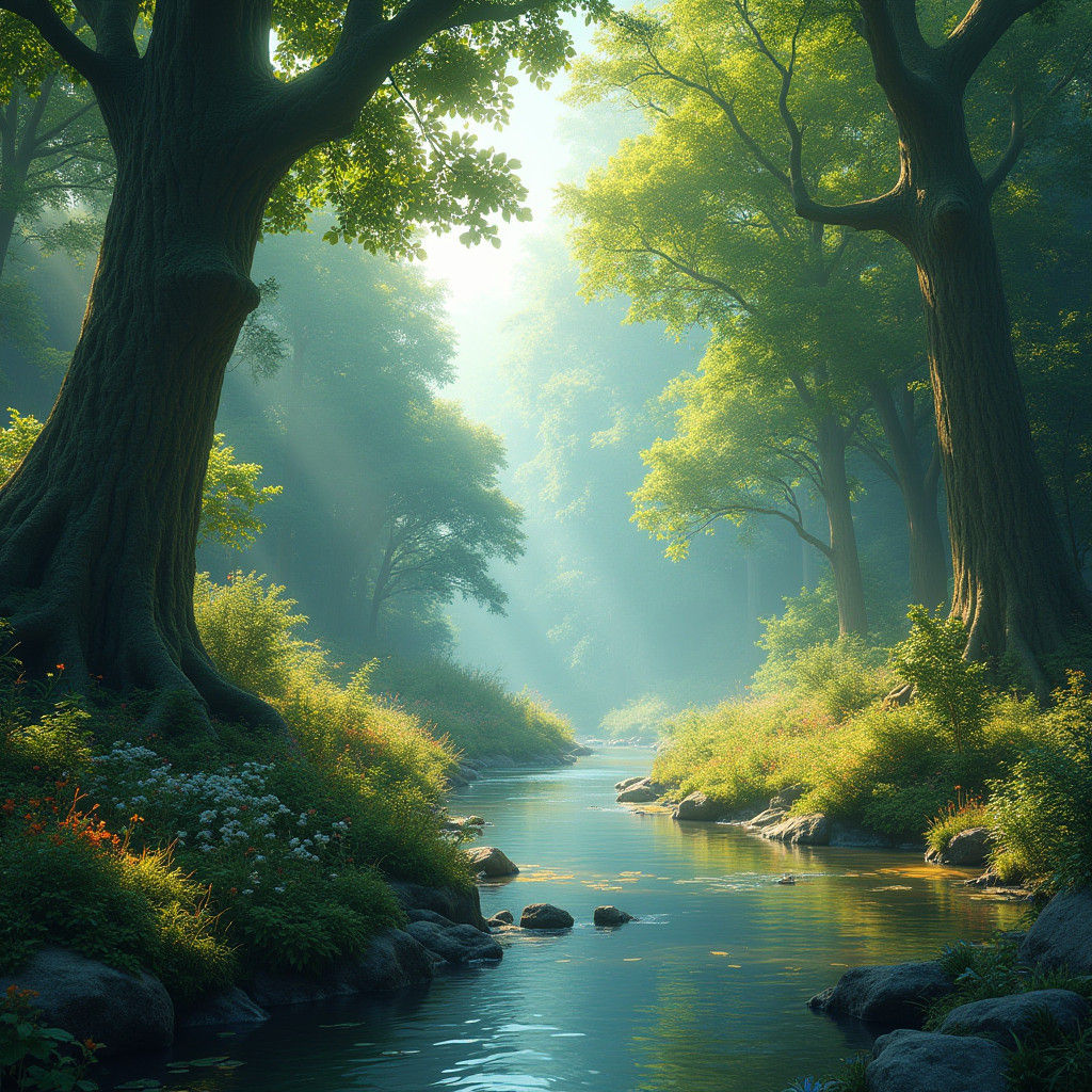 Serene Forest Scene with River in Detailed Matte Painting