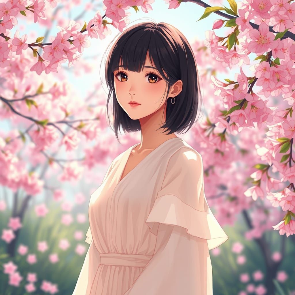 Anime Woman in Cherry Blossom Garden, Cel-Shaded Style