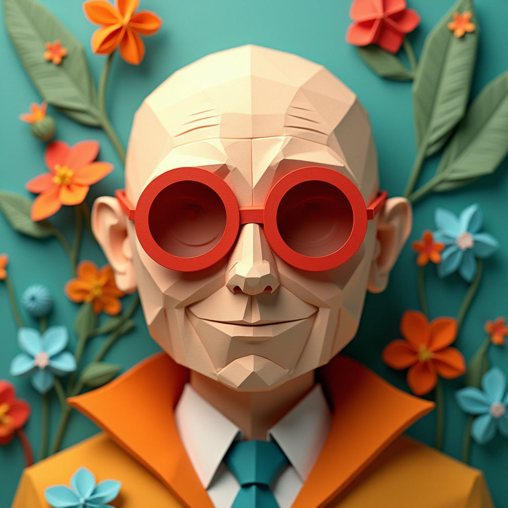 Low Poly Geometric Man with Umbrellas and Butterflies