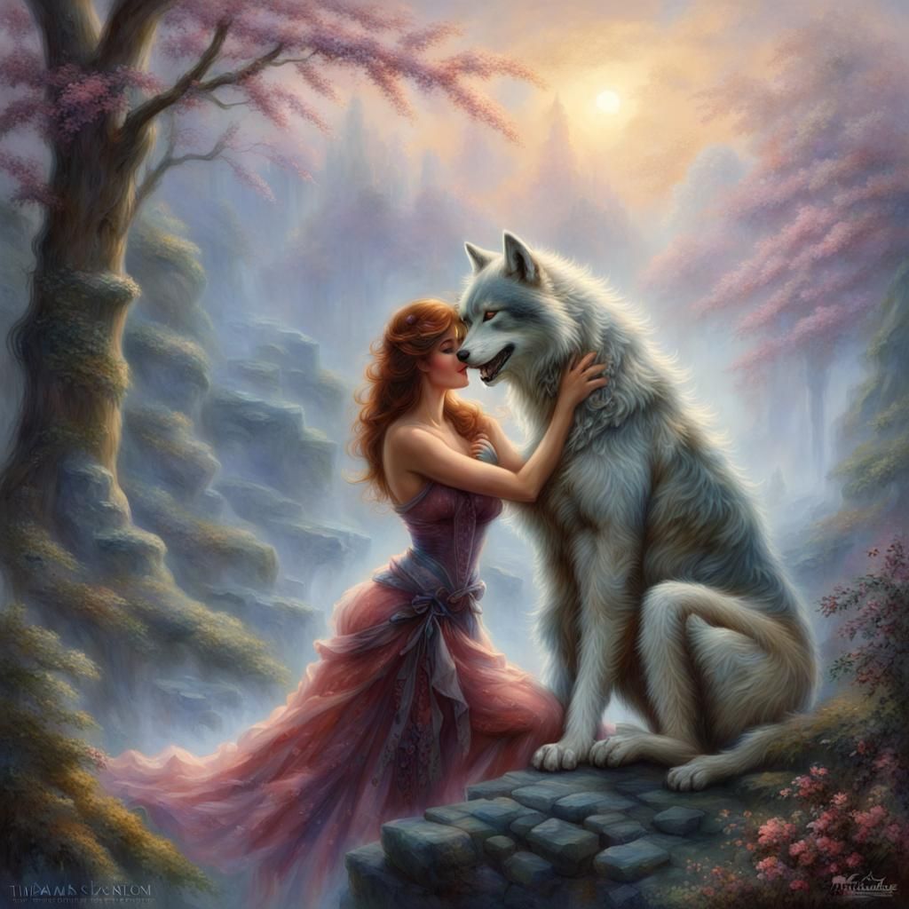 Man-Wolf Hugs Woman in Ethereal Fantasy Scene