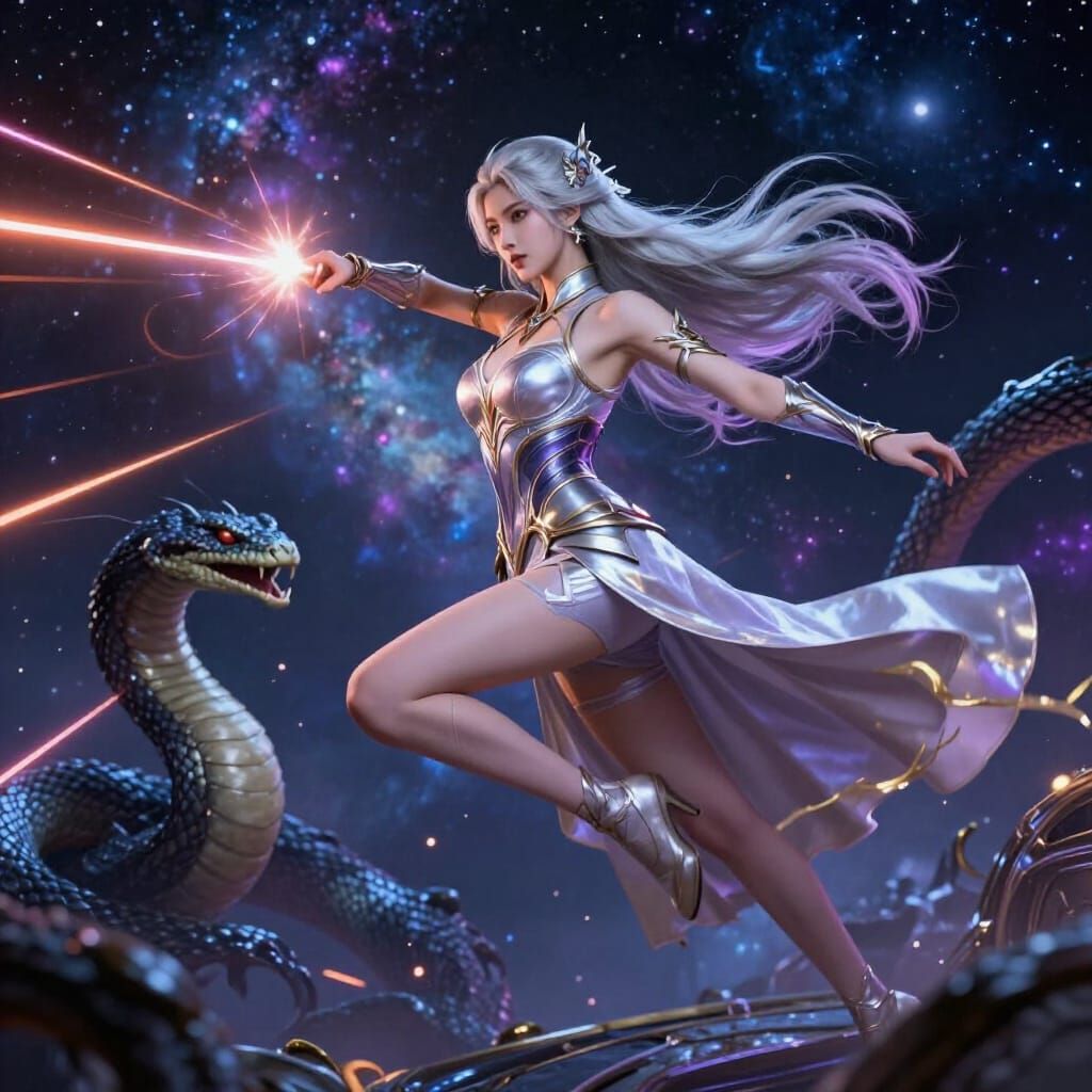 Elegant Warrior Duels Serpent Creature in Nebula Space