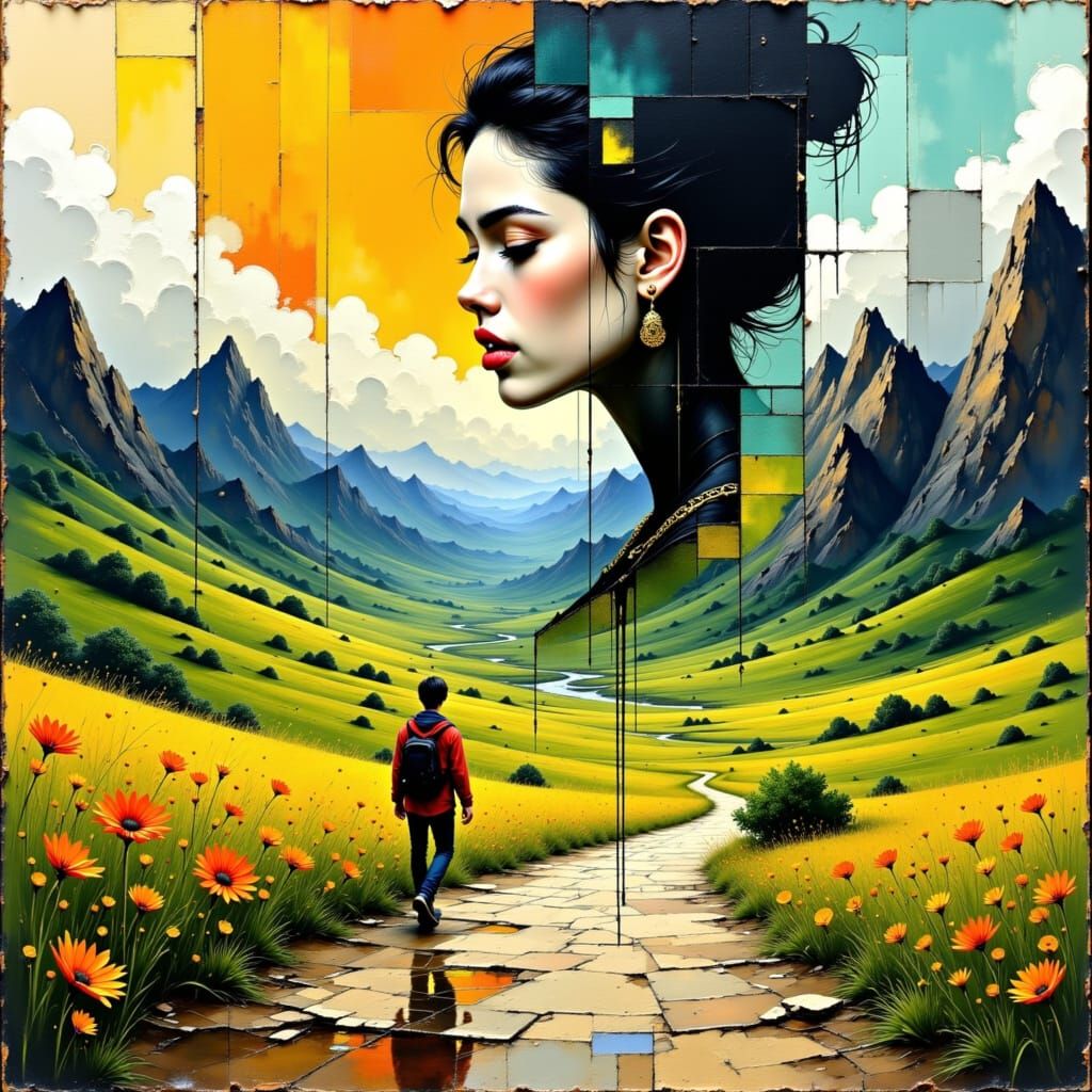 Fragmented Woman's Face in Cubist Landscape