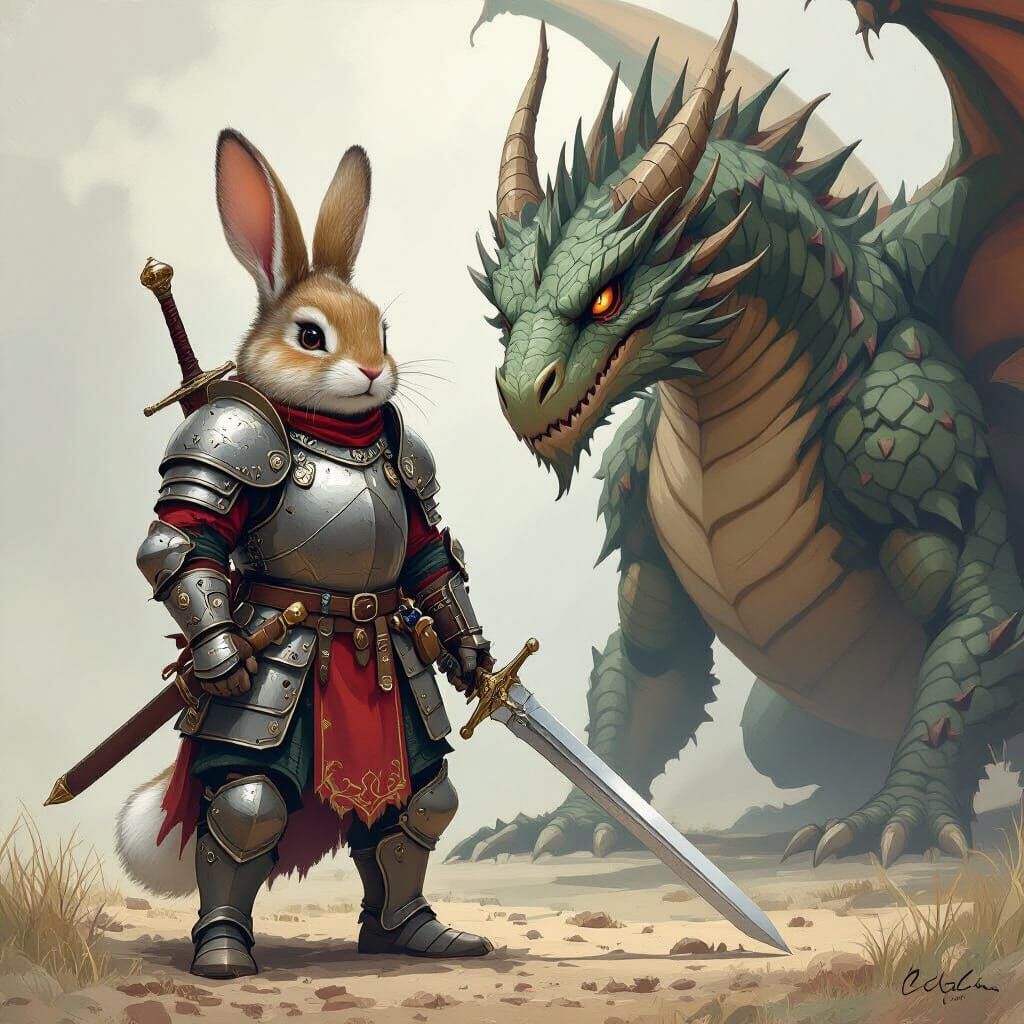 Valiant Bunny Knight Confronts a Dragon