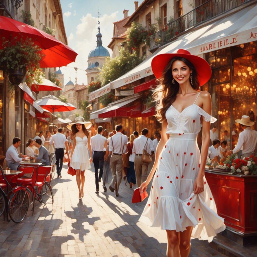 Brunette in White Dress: Vivid Oil Painting