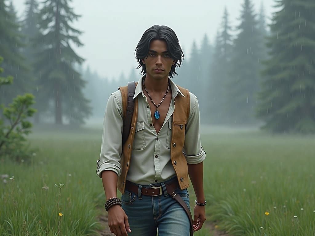 Young Man Strolls through a Misty Meadow