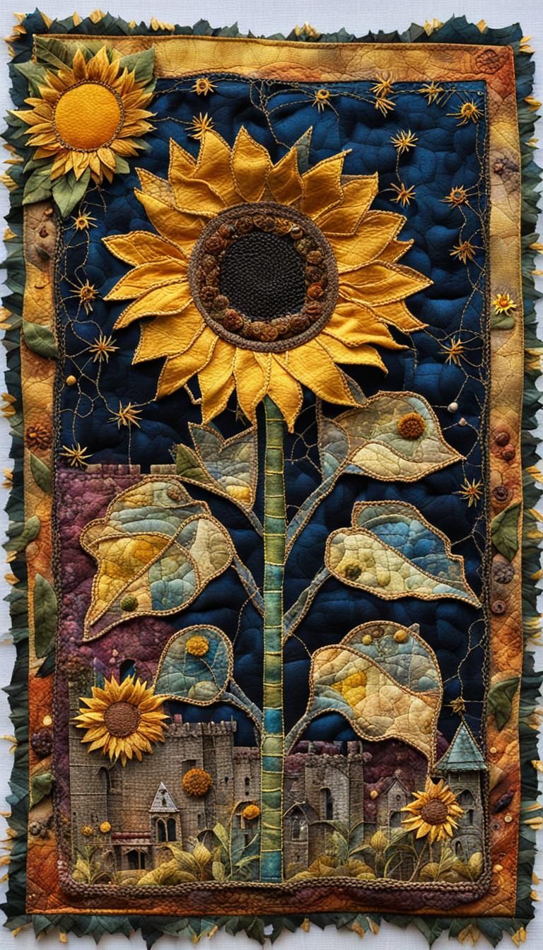 Sunflower Fabric Collage with Embroidery