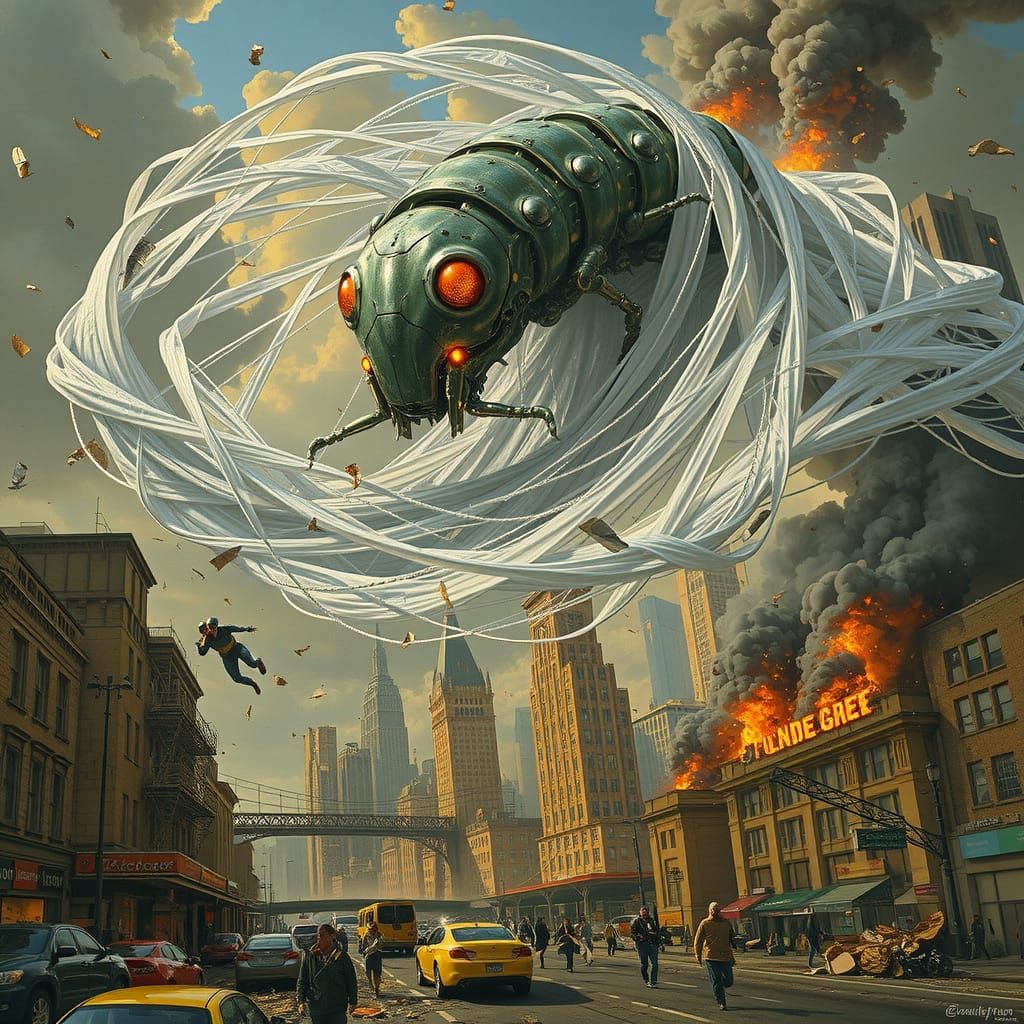 Robotic Caterpillar Attack on Metropolis in Sci-Fi Style
