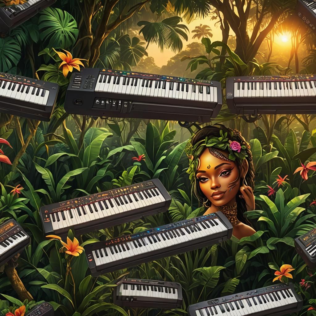 Keyboard Amidst Jungle Sunset: Hyperrealistic Detail