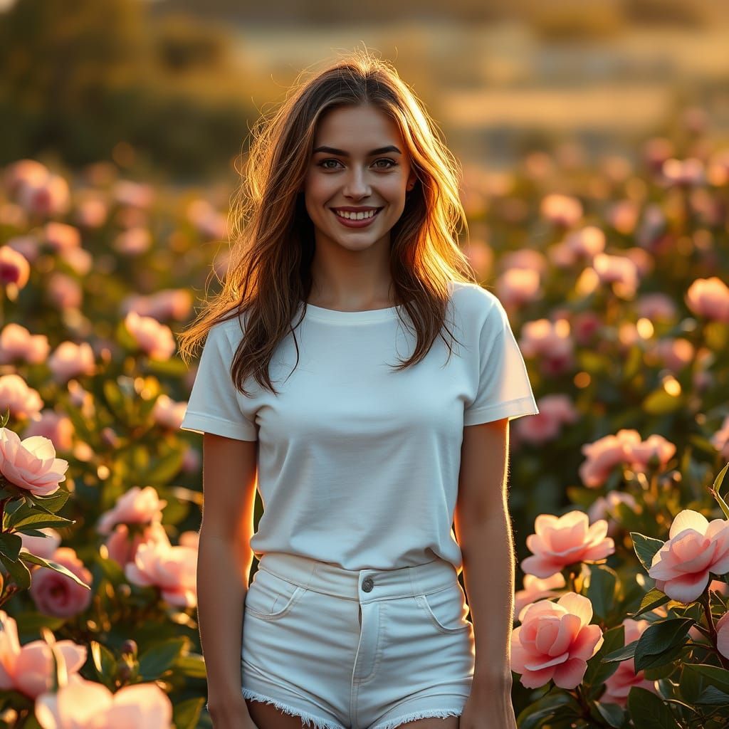 European Woman in Lush Camellia Field with Late Afternoon Su...