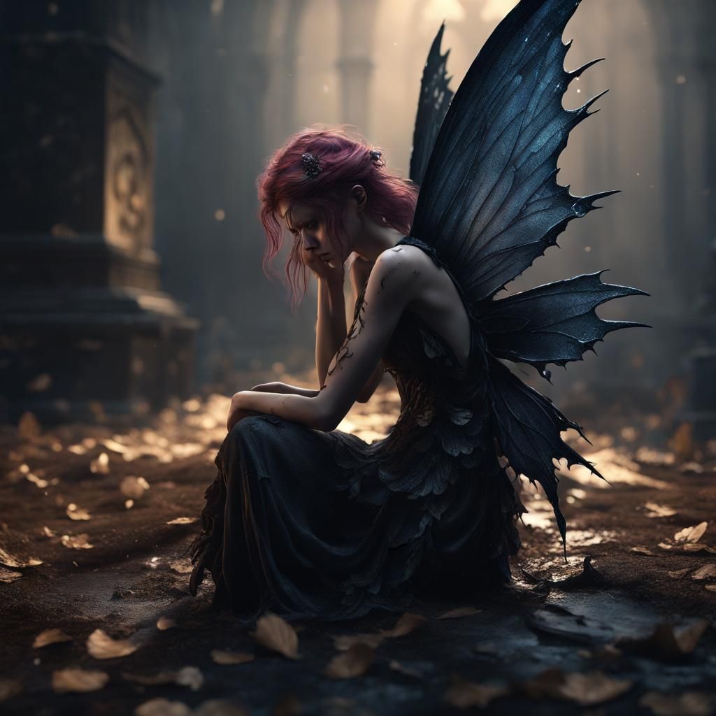 Gothic Fairy with Broken Wing in Despair